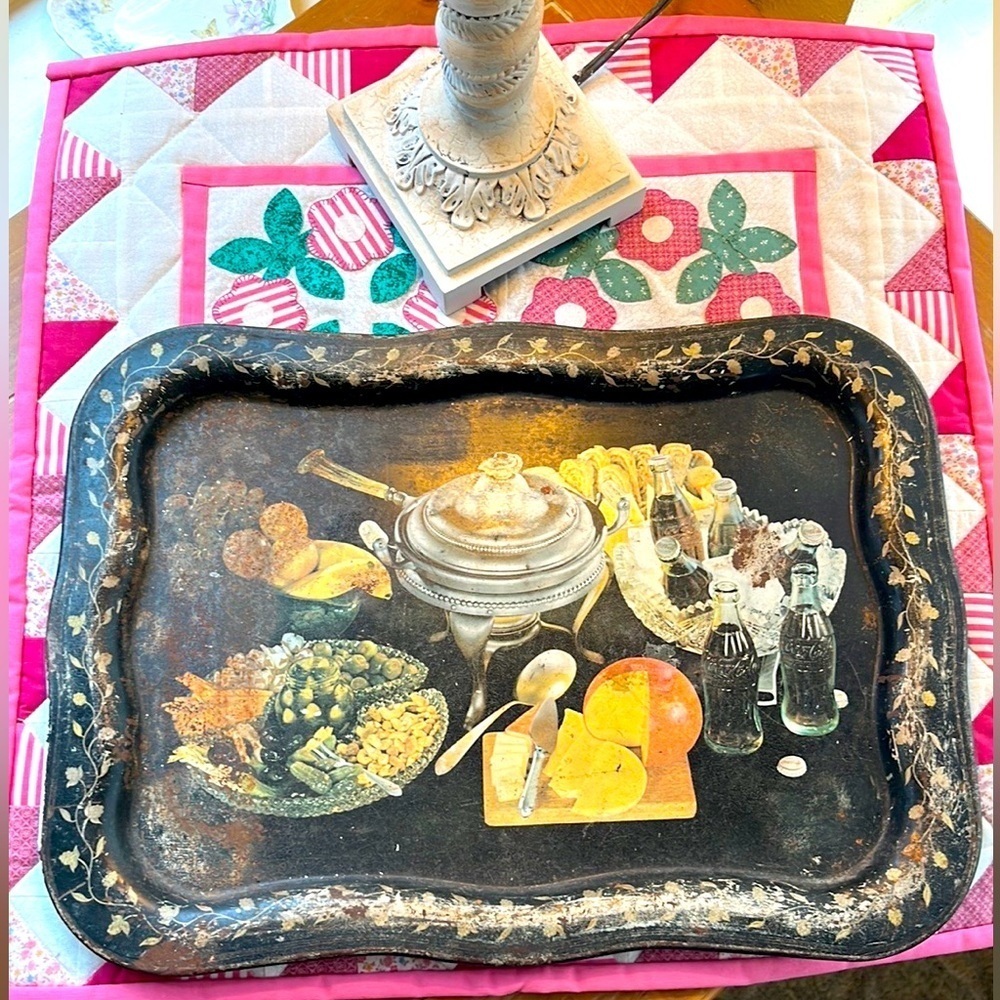 Vintage Coca Cola Fondue Cheese Party Black Metal Tv Serving Tray 1950's 1960's